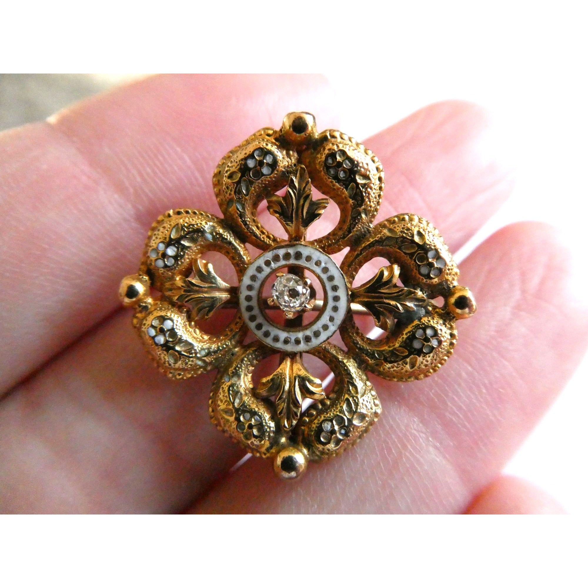 Antique 14k Gold Natural Mine Cut Diamond White Enameled Flower Pin Brooch Fob
