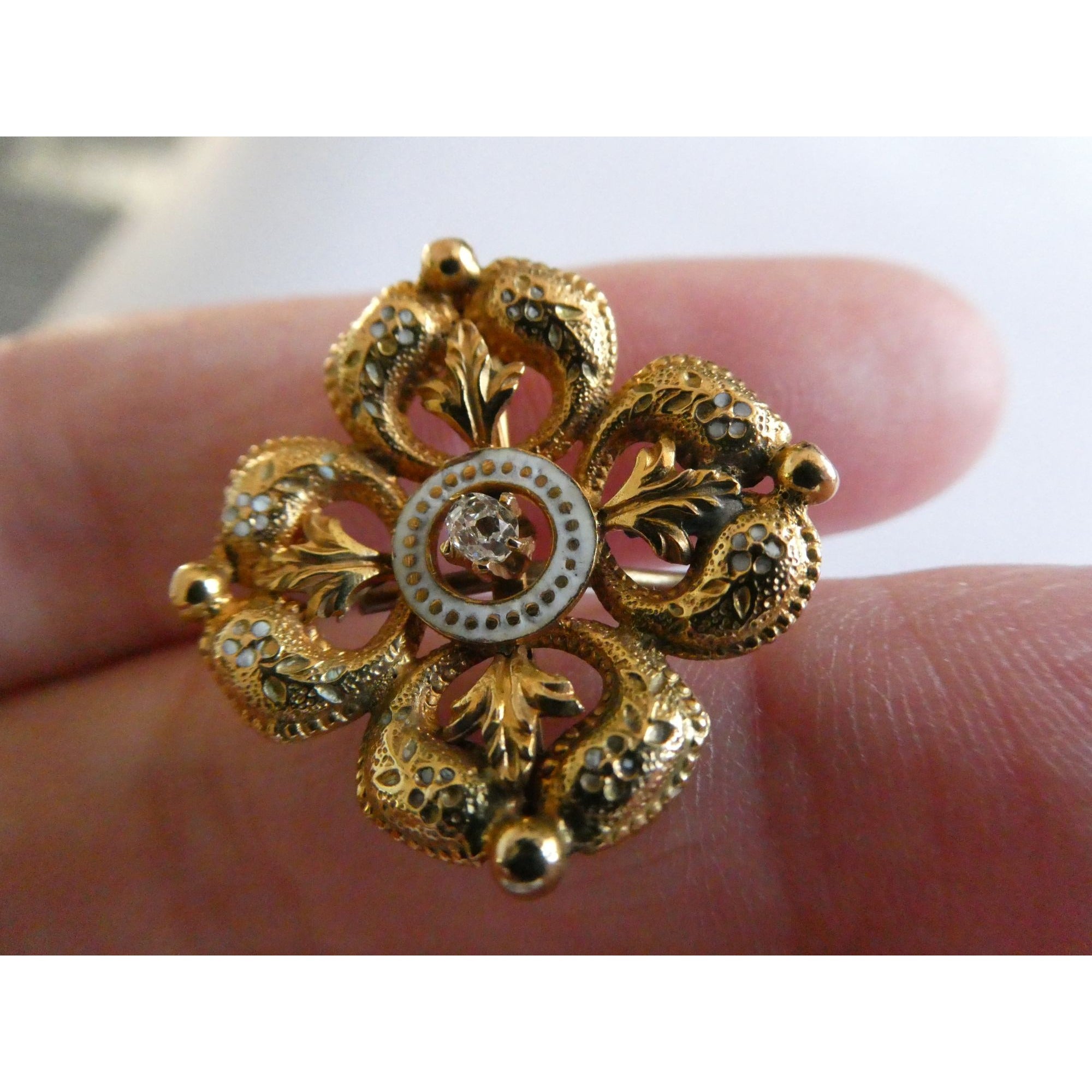 Antique 14k Gold Natural Mine Cut Diamond White Enameled Flower Pin Brooch Fob