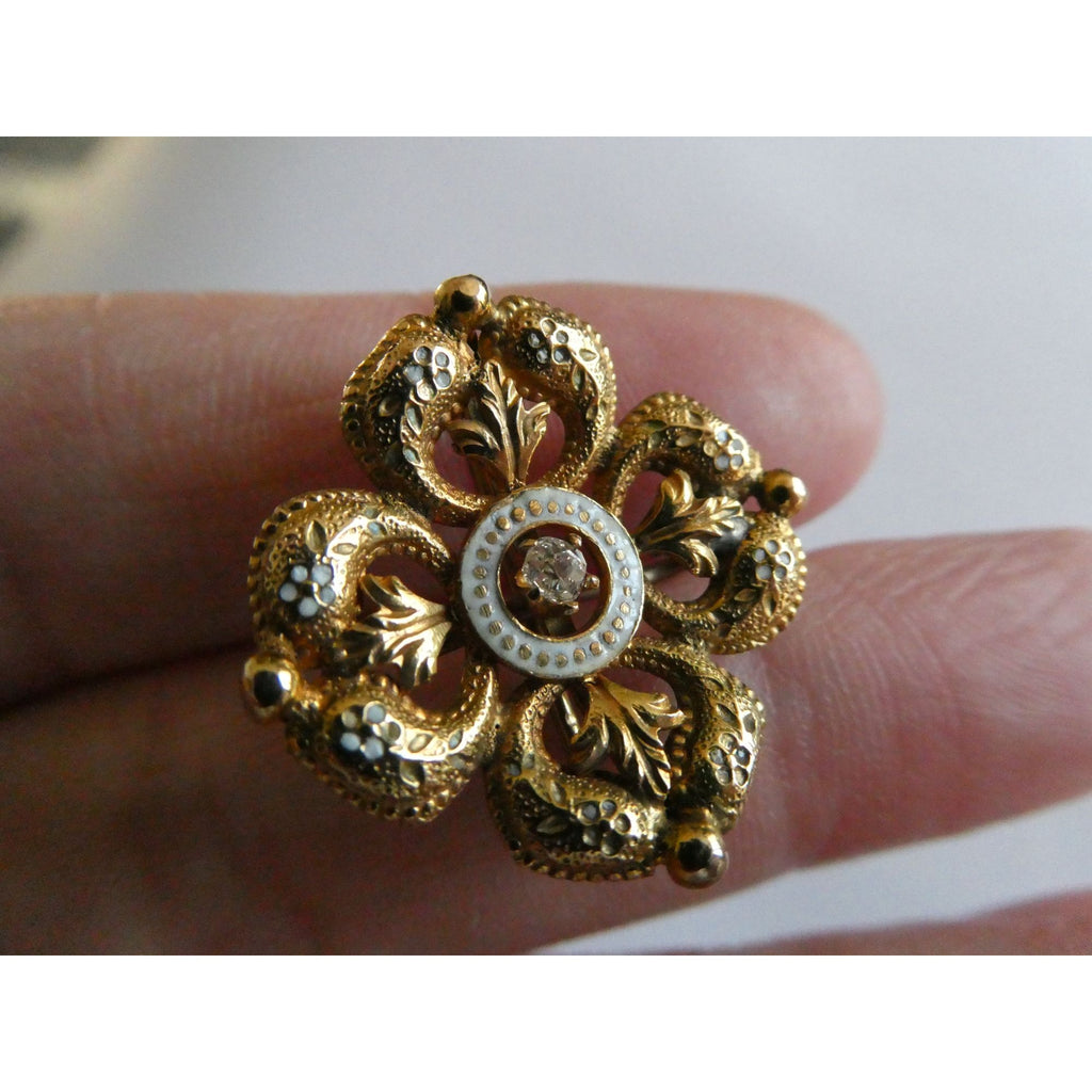Antique 14k Gold Natural Mine Cut Diamond White Enameled Flower Pin Brooch Fob
