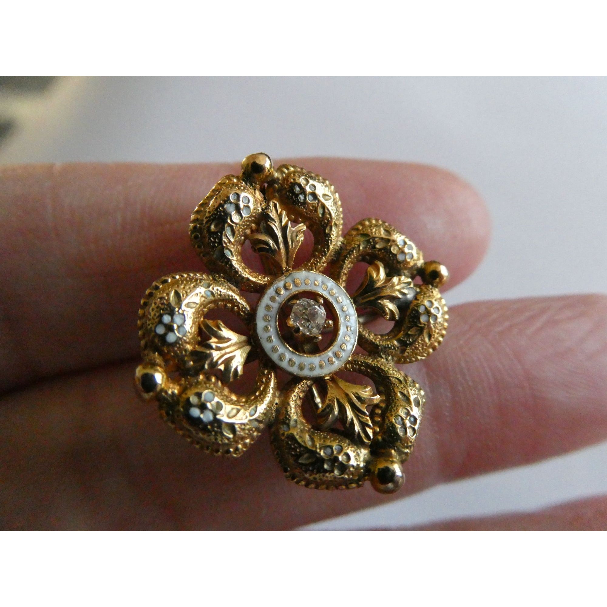 Antique 14k Gold Natural Mine Cut Diamond White Enameled Flower Pin Brooch Fob