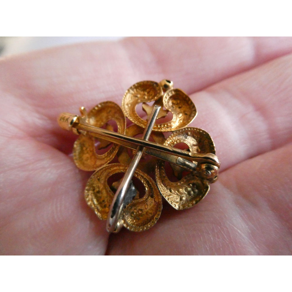 Antique 14k Gold Natural Mine Cut Diamond White Enameled Flower Pin Brooch Fob