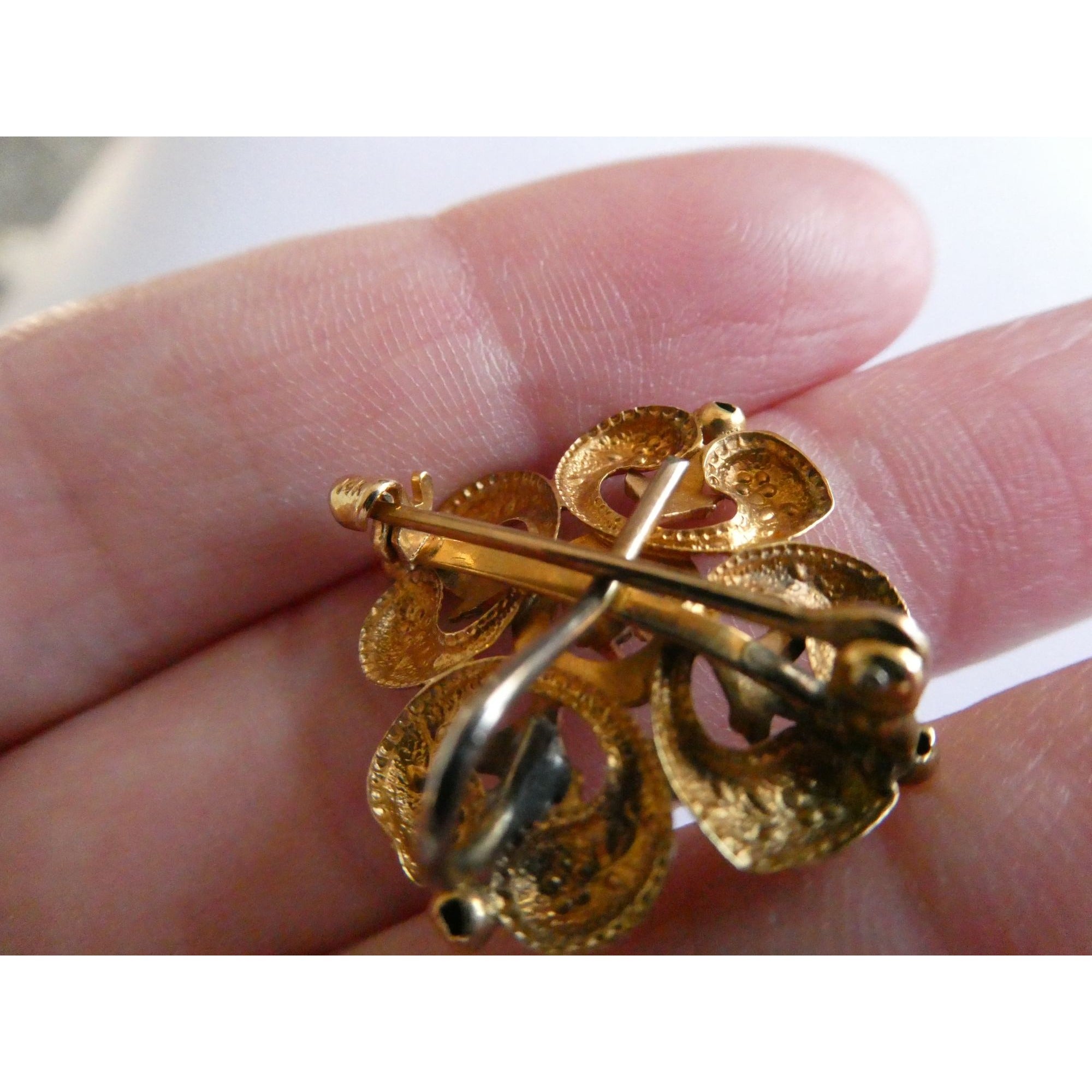 Antique 14k Gold Natural Mine Cut Diamond White Enameled Flower Pin Brooch Fob