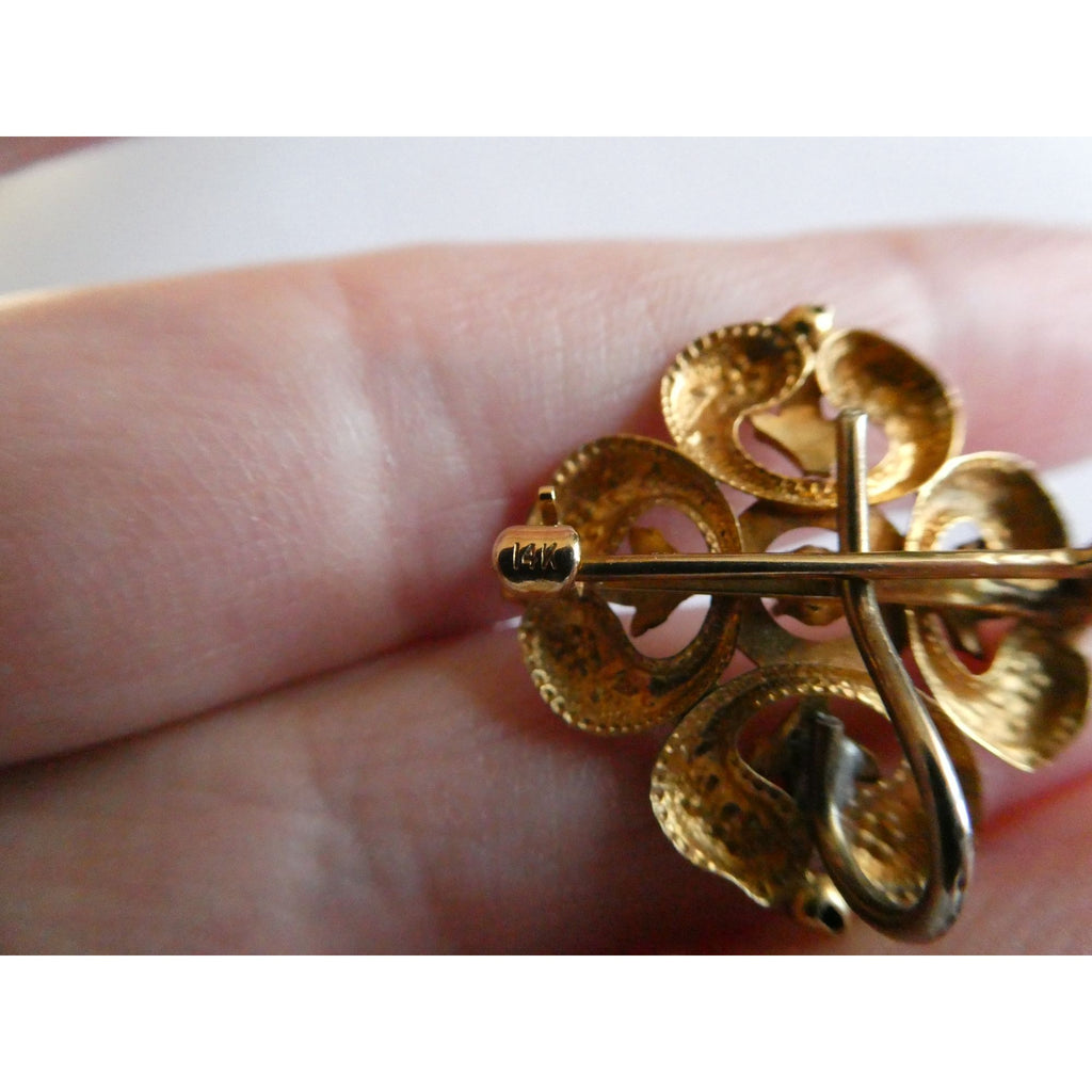Antique 14k Gold Natural Mine Cut Diamond White Enameled Flower Pin Brooch Fob