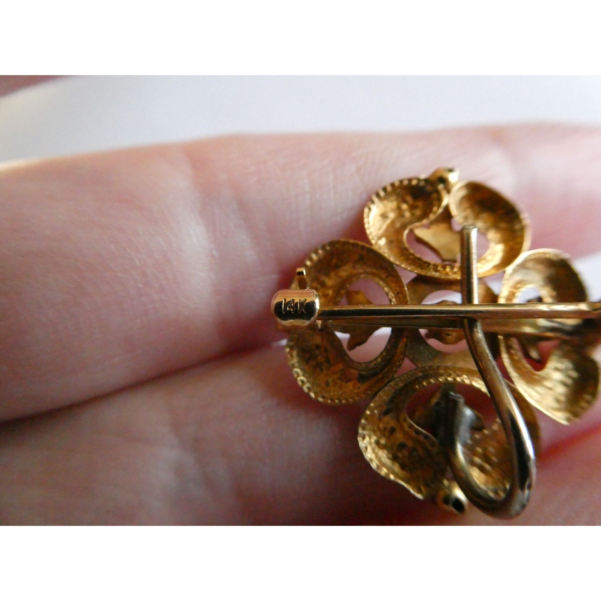 Antique 14k Gold Natural Mine Cut Diamond White Enameled Flower Pin Brooch Fob