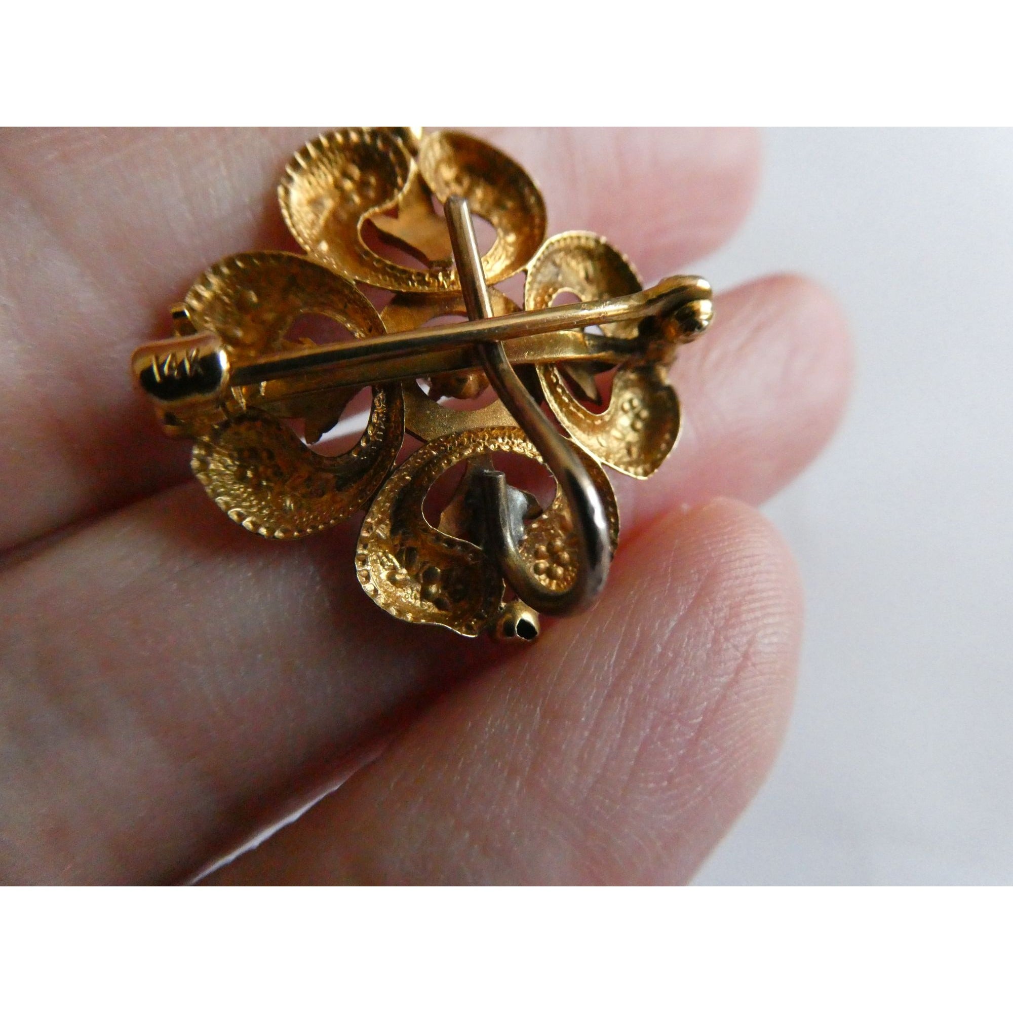 Antique 14k Gold Natural Mine Cut Diamond White Enameled Flower Pin Brooch Fob