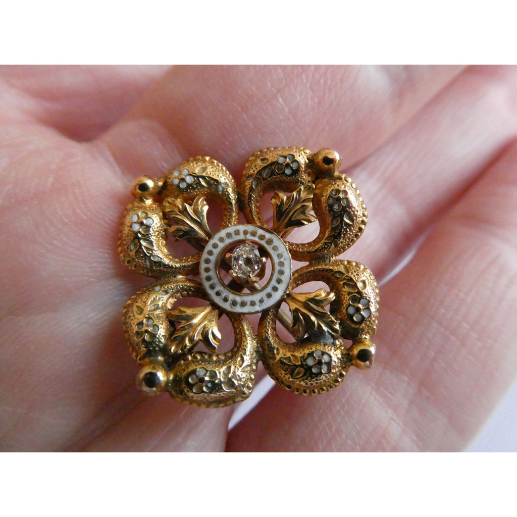 Antique 14k Gold Natural Mine Cut Diamond White Enameled Flower Pin Brooch Fob