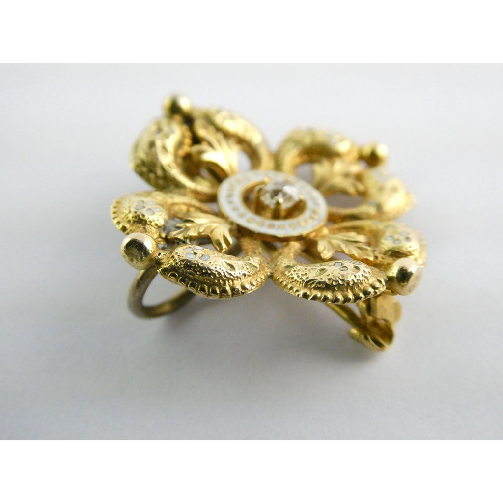 Antique 14k Gold Natural Mine Cut Diamond White Enameled Flower Pin Brooch Fob