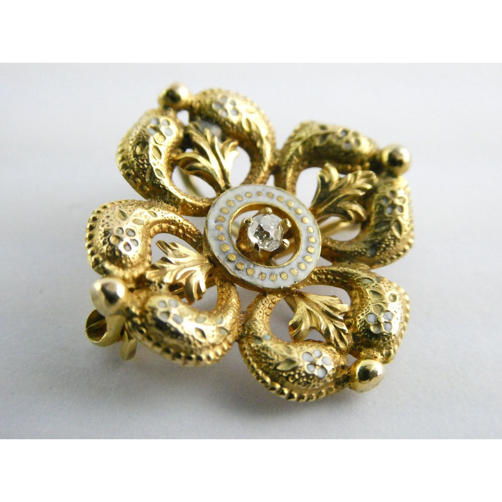 Antique 14k Gold Natural Mine Cut Diamond White Enameled Flower Pin Brooch Fob