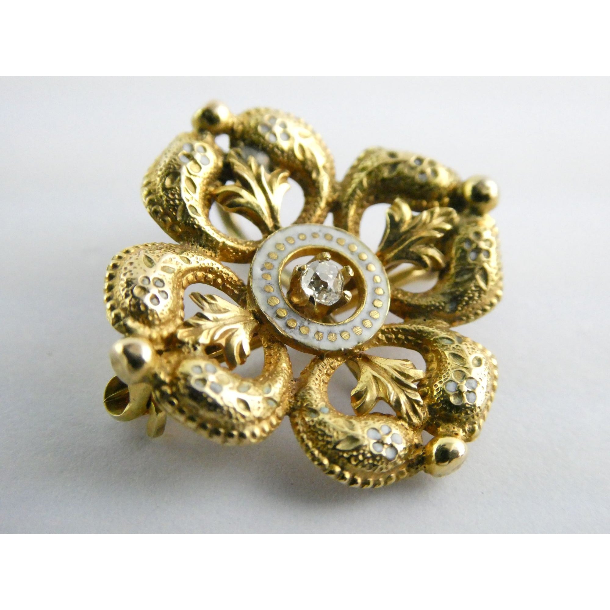 Antique 14k Gold Natural Mine Cut Diamond White Enameled Flower Pin Brooch Fob