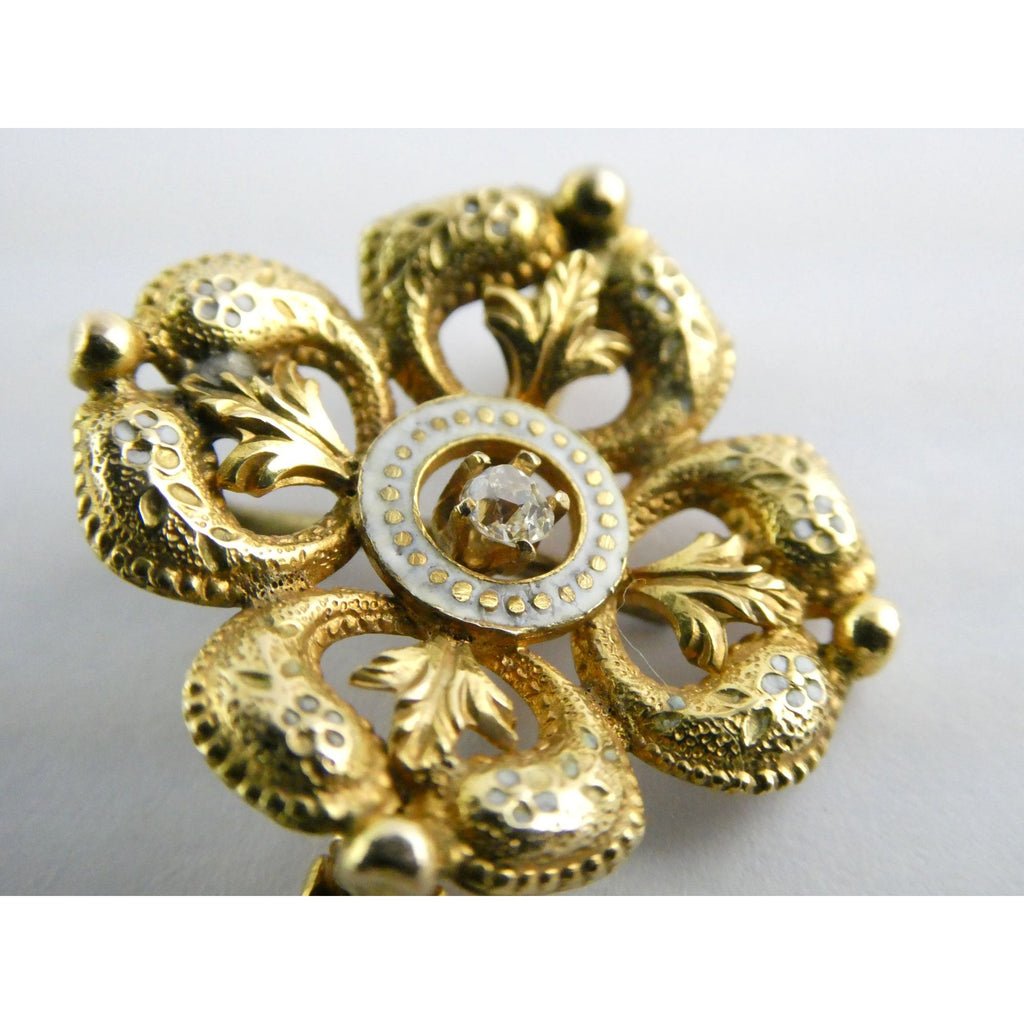 Antique 14k Gold Natural Mine Cut Diamond White Enameled Flower Pin Brooch Fob