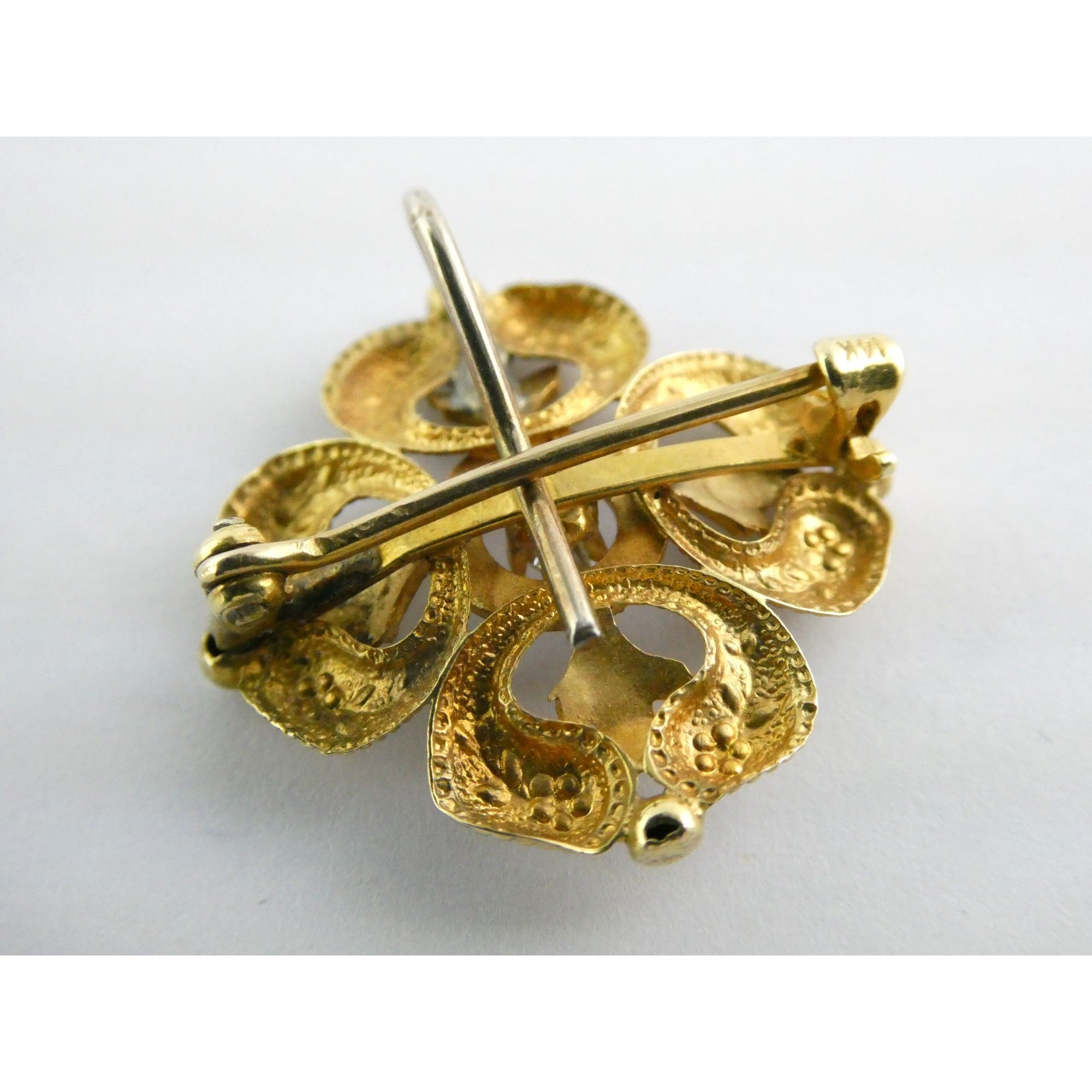 Antique 14k Gold Natural Mine Cut Diamond White Enameled Flower Pin Brooch Fob