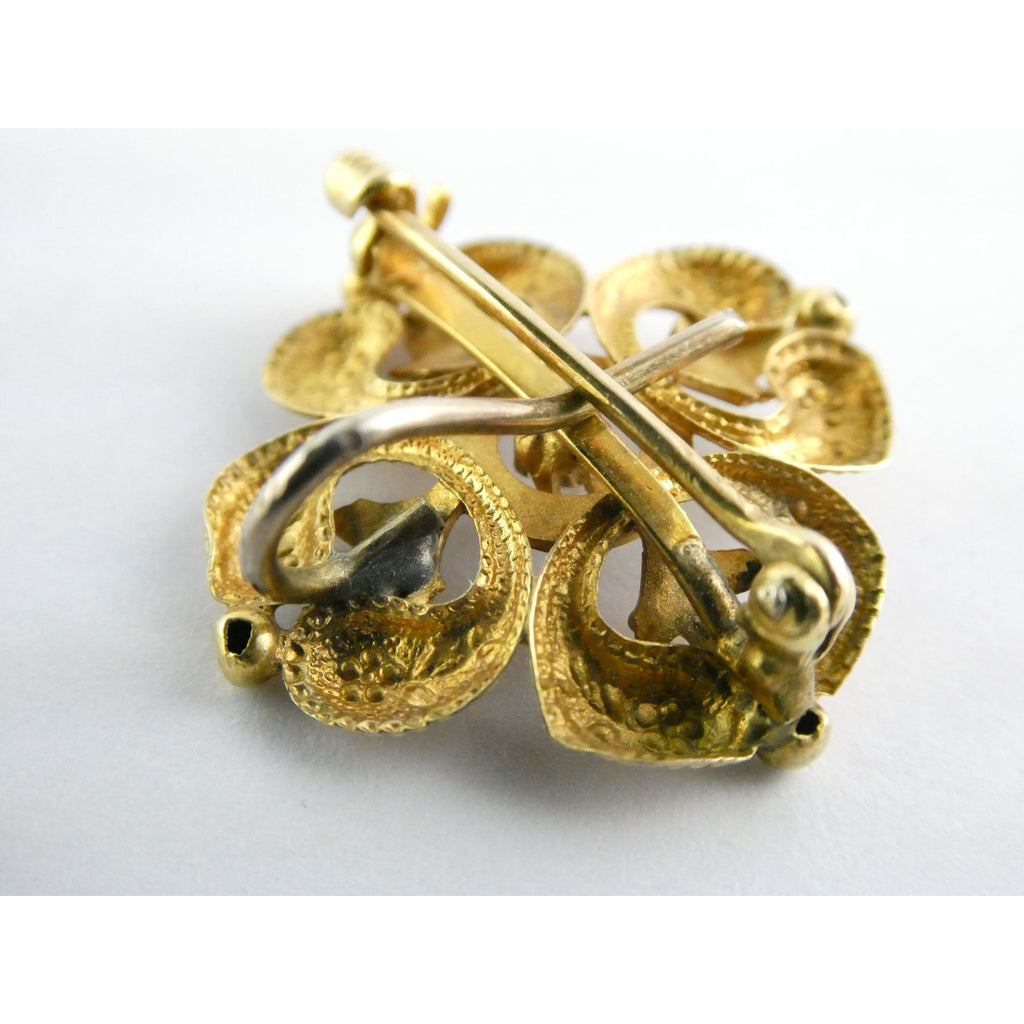 Antique 14k Gold Natural Mine Cut Diamond White Enameled Flower Pin Brooch Fob