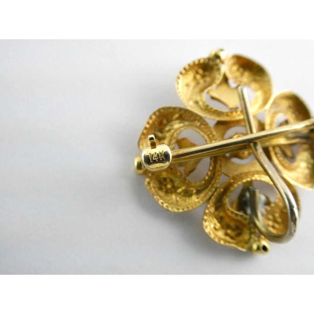 Antique 14k Gold Natural Mine Cut Diamond White Enameled Flower Pin Brooch Fob