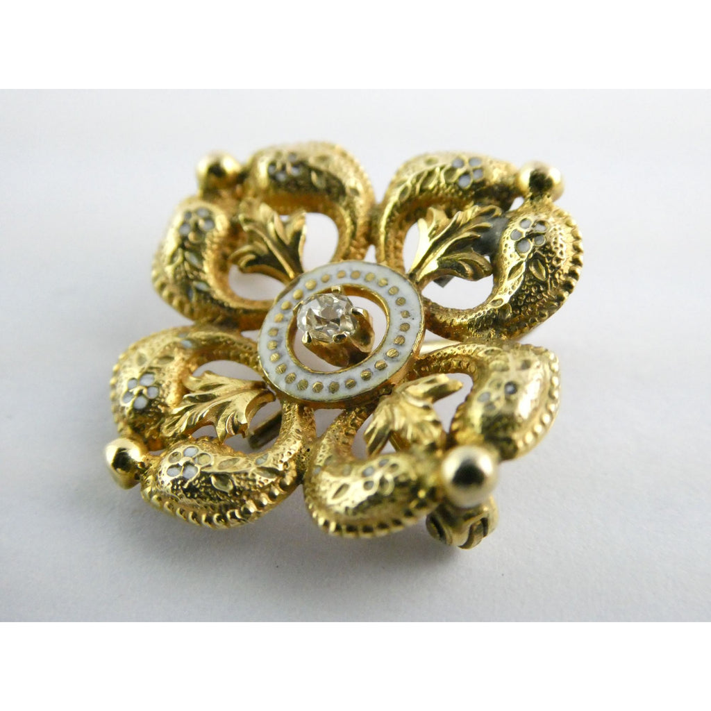 Antique 14k Gold Natural Mine Cut Diamond White Enameled Flower Pin Brooch Fob