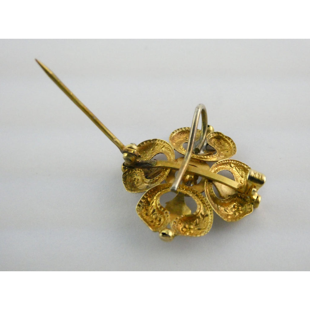Antique 14k Gold Natural Mine Cut Diamond White Enameled Flower Pin Brooch Fob