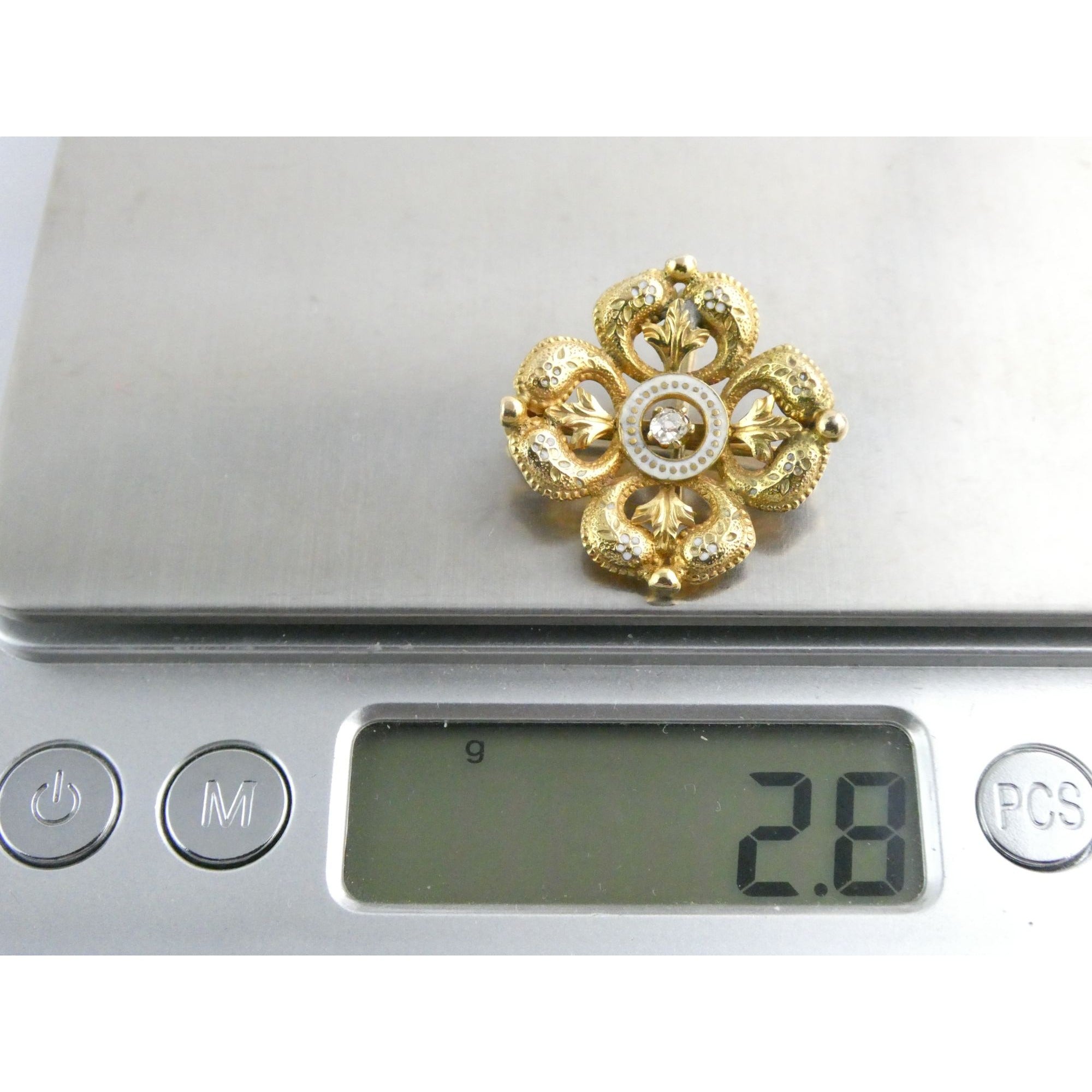 Antique 14k Gold Natural Mine Cut Diamond White Enameled Flower Pin Brooch Fob