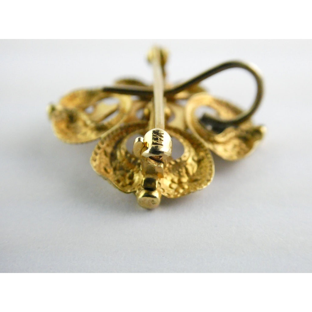 Antique 14k Gold Natural Mine Cut Diamond White Enameled Flower Pin Brooch Fob