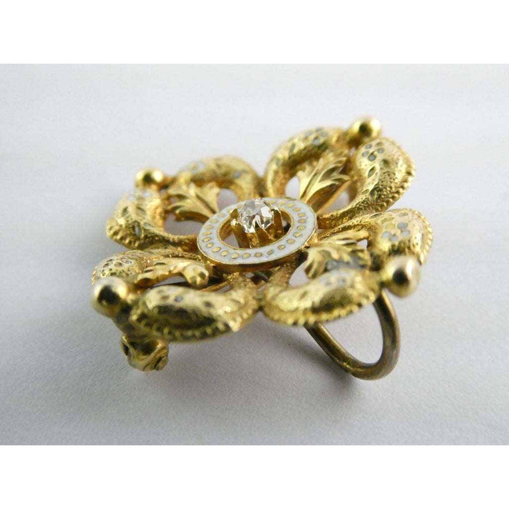 Antique 14k Gold Natural Mine Cut Diamond White Enameled Flower Pin Brooch Fob