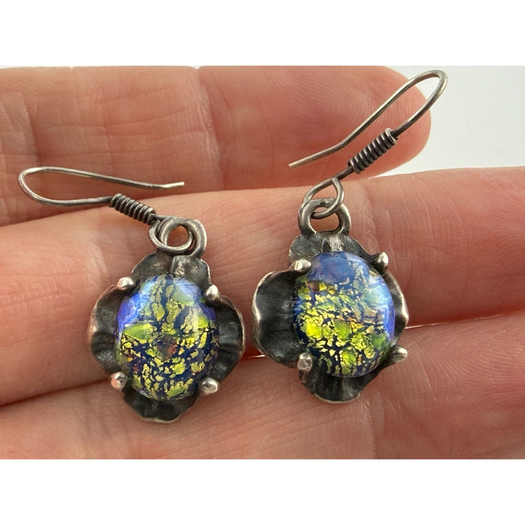 Vintage Sterling Silver Dichroic Green Blue Art Glass Hook Earrings 7g 33mm Long