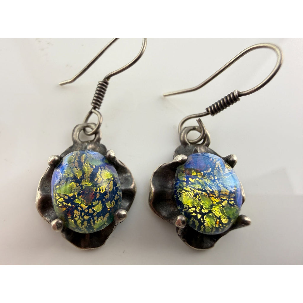 Vintage Sterling Silver Dichroic Green Blue Art Glass Hook Earrings 7g 33mm Long