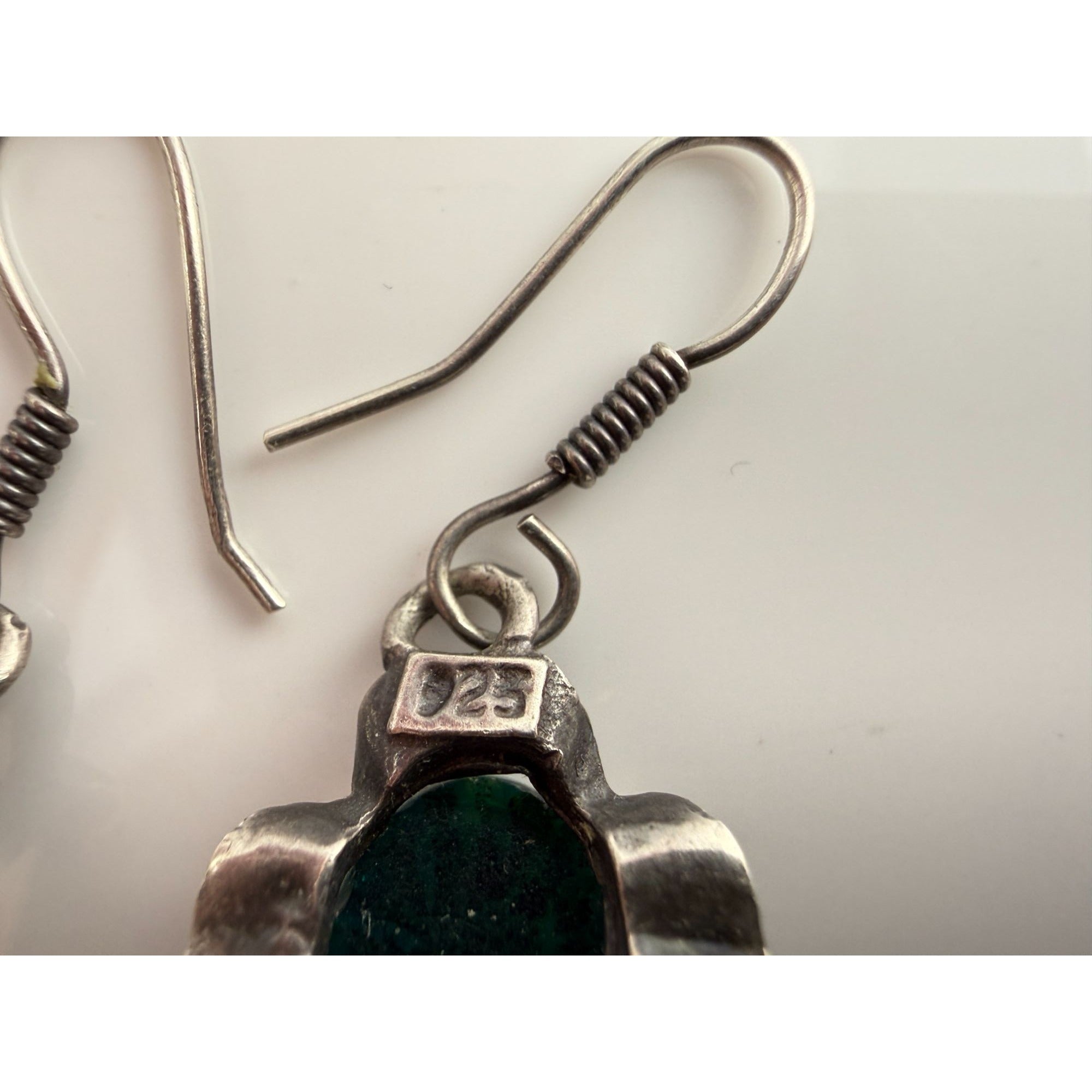Vintage Sterling Silver Dichroic Green Blue Art Glass Hook Earrings 7g 33mm Long