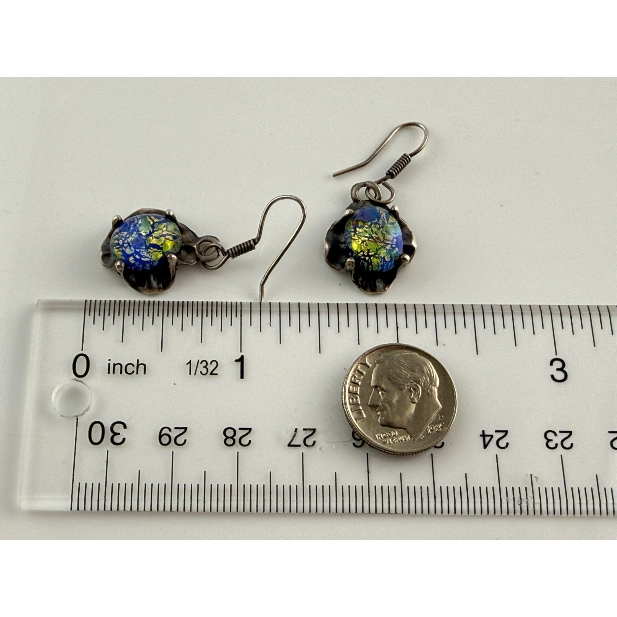 Vintage Sterling Silver Dichroic Green Blue Art Glass Hook Earrings 7g 33mm Long