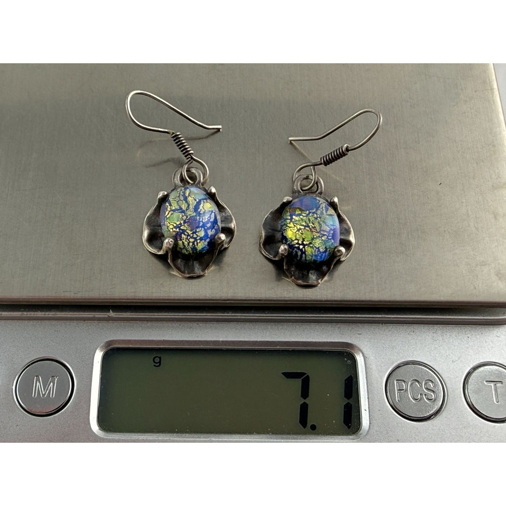 Vintage Sterling Silver Dichroic Green Blue Art Glass Hook Earrings 7g 33mm Long