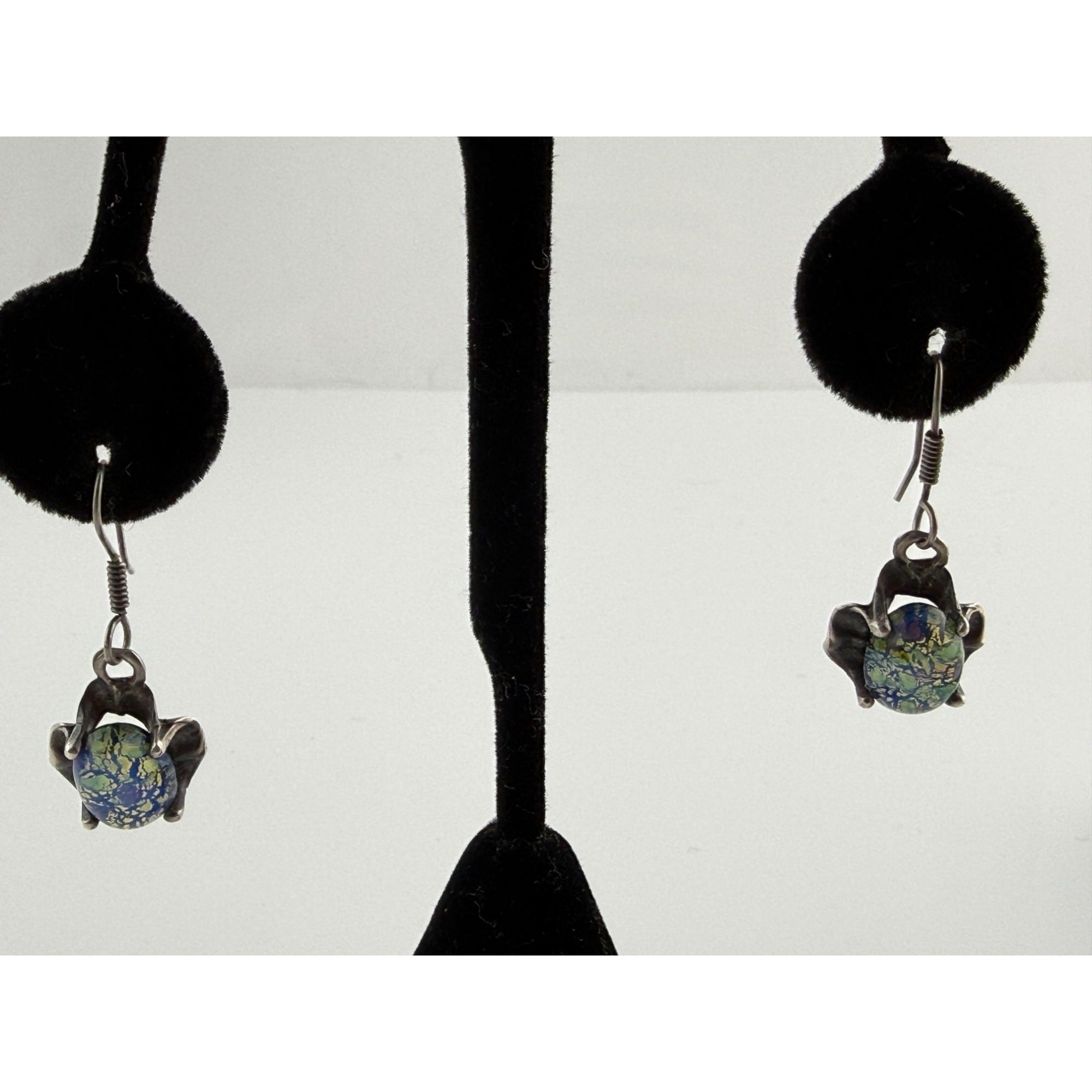 Vintage Sterling Silver Dichroic Green Blue Art Glass Hook Earrings 7g 33mm Long
