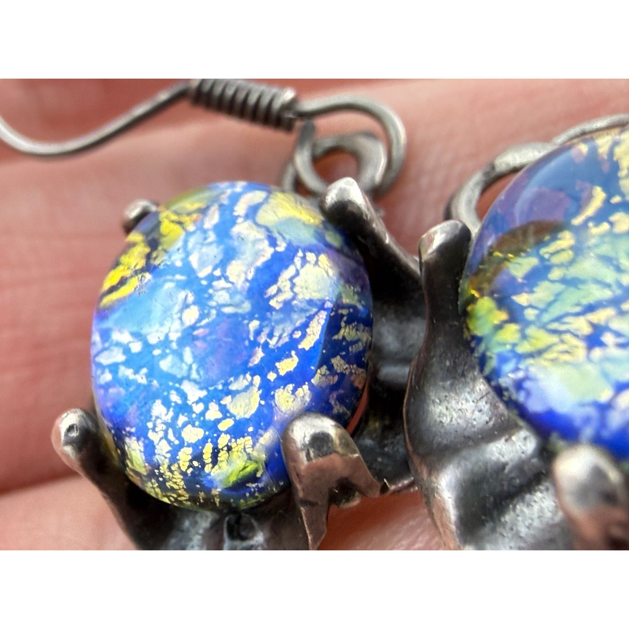 Vintage Sterling Silver Dichroic Green Blue Art Glass Hook Earrings 7g 33mm Long