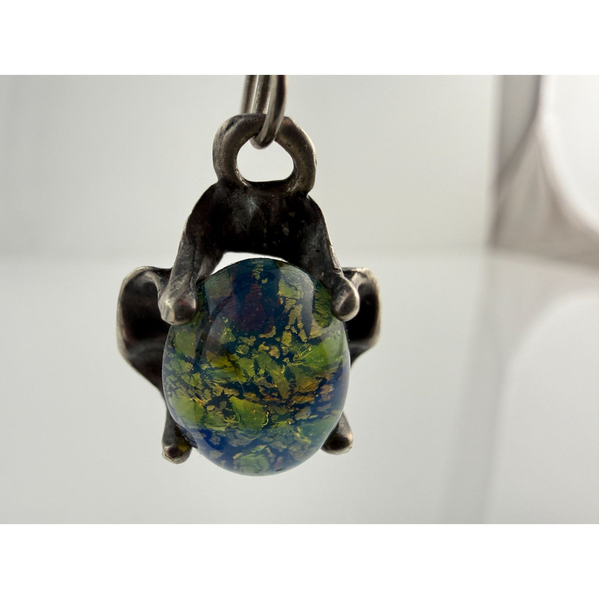 Vintage Sterling Silver Dichroic Green Blue Art Glass Hook Earrings 7g 33mm Long