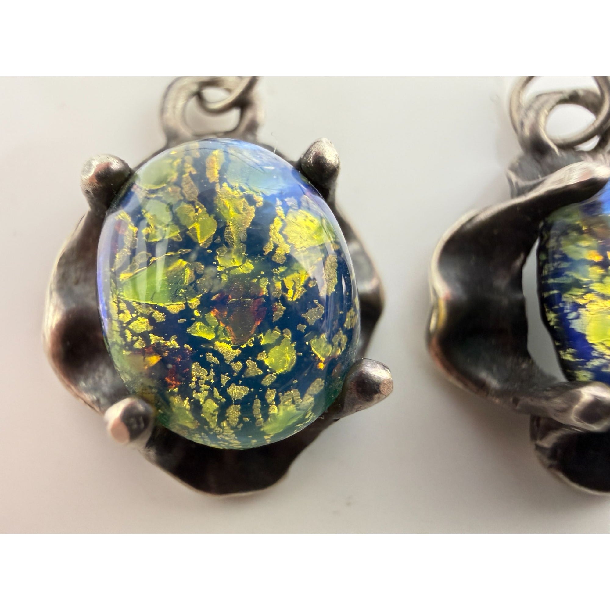 Vintage Sterling Silver Dichroic Green Blue Art Glass Hook Earrings 7g 33mm Long