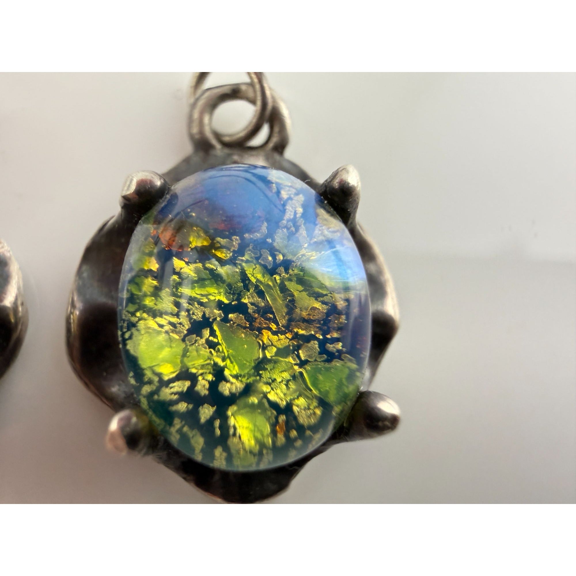 Vintage Sterling Silver Dichroic Green Blue Art Glass Hook Earrings 7g 33mm Long