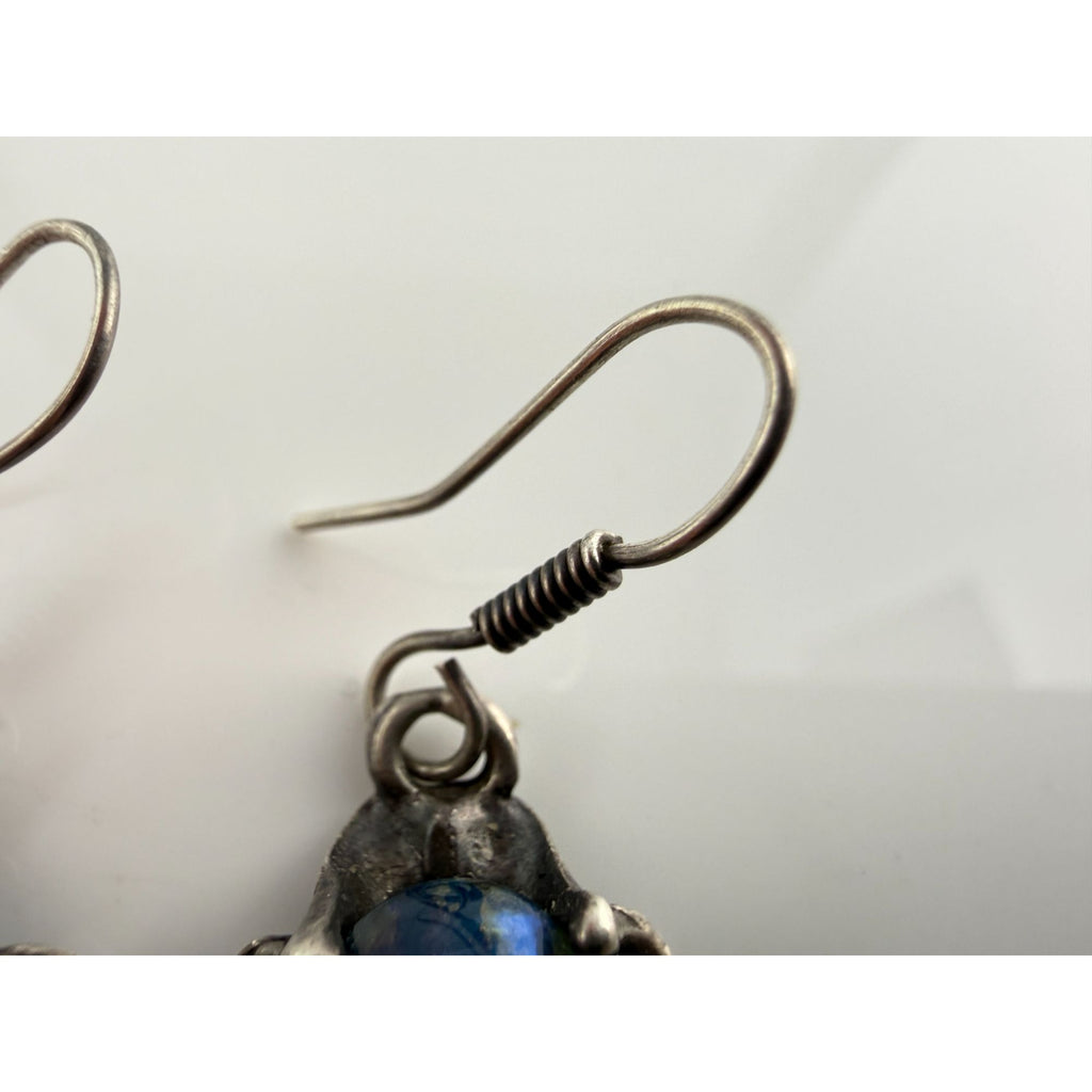 Vintage Sterling Silver Dichroic Green Blue Art Glass Hook Earrings 7g 33mm Long
