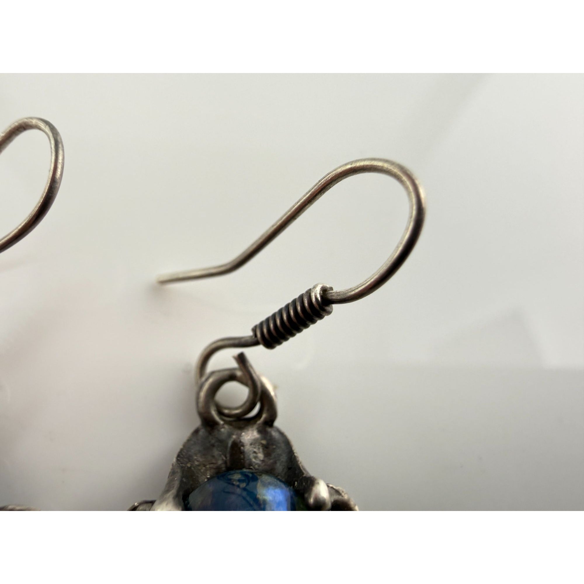 Vintage Sterling Silver Dichroic Green Blue Art Glass Hook Earrings 7g 33mm Long