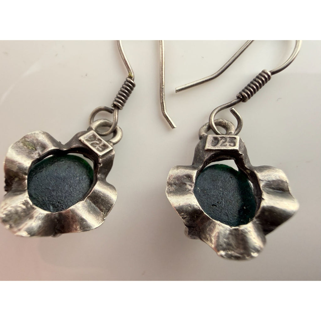 Vintage Sterling Silver Dichroic Green Blue Art Glass Hook Earrings 7g 33mm Long