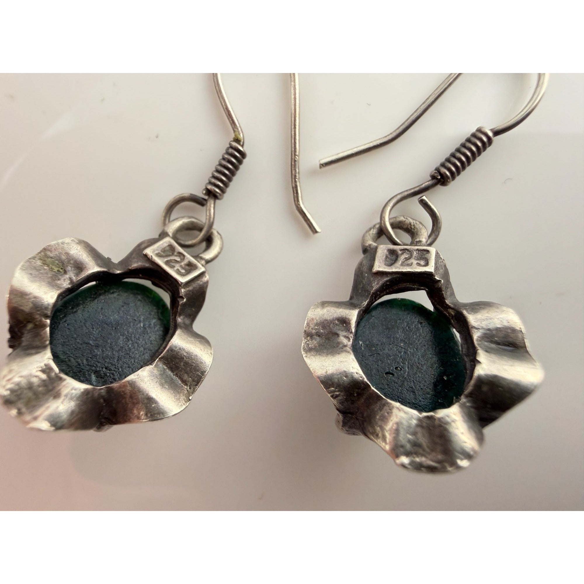Vintage Sterling Silver Dichroic Green Blue Art Glass Hook Earrings 7g 33mm Long
