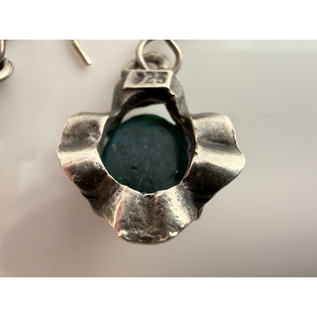 Vintage Sterling Silver Dichroic Green Blue Art Glass Hook Earrings 7g 33mm Long