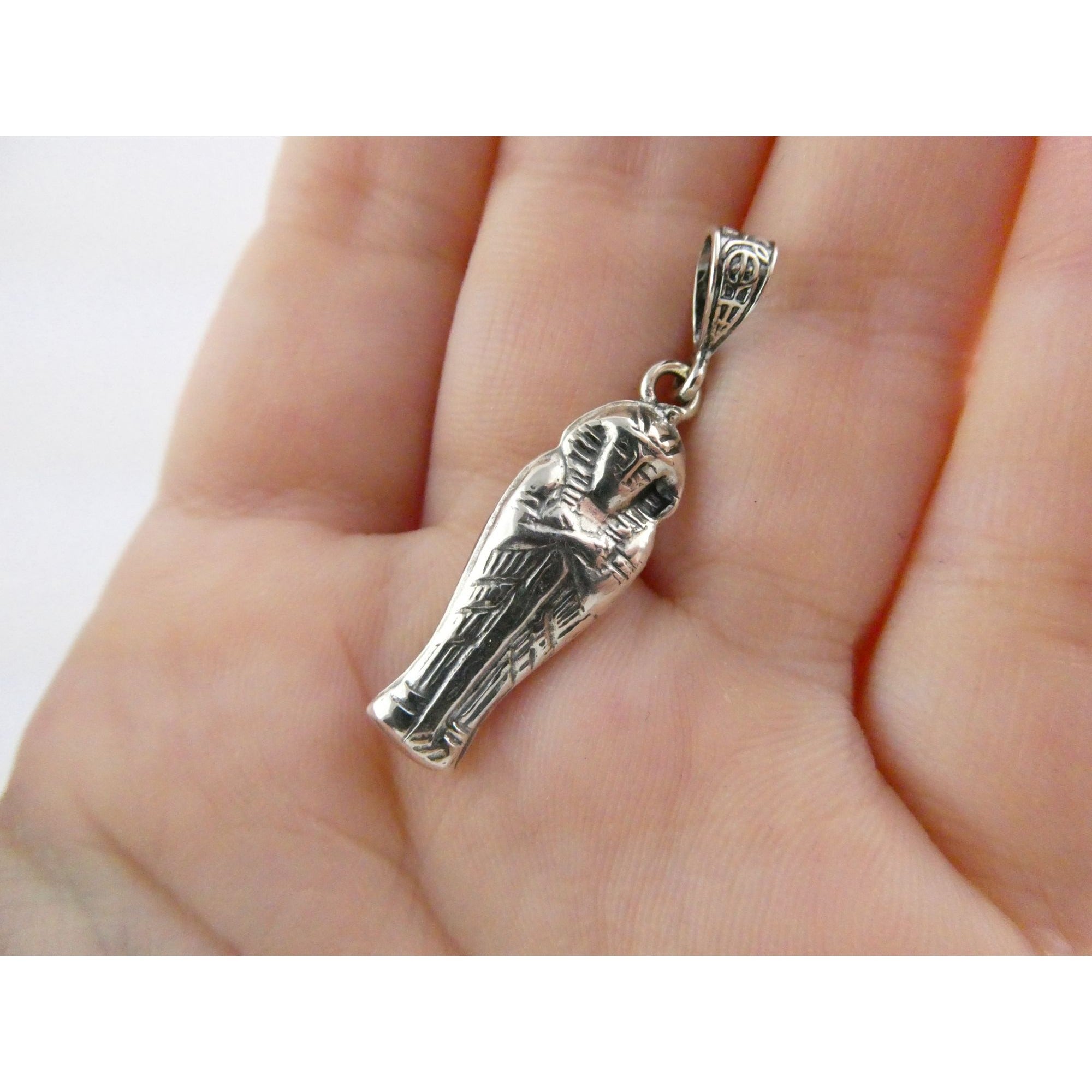 Vintage Sterling Silver Egyptian Pharaoh Mummy Sarcophagus Pendant 1.6g 37mm