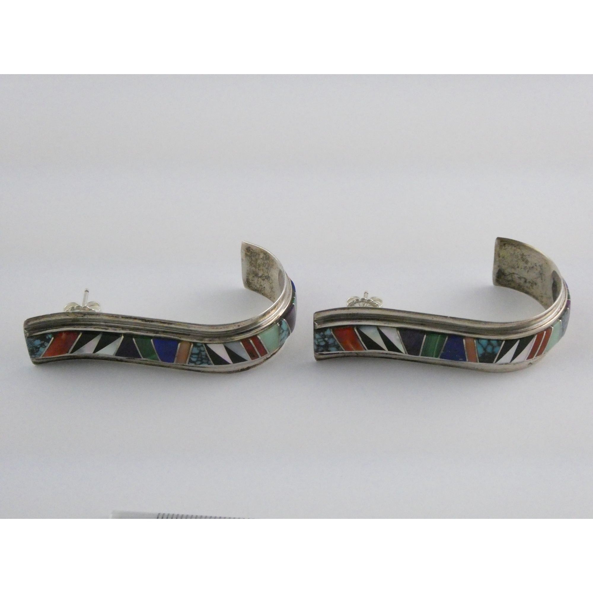 NA Randy Boyd Navajo Sterling Silver Multi Gem Inlay Stud Earrings Turquoise 21g