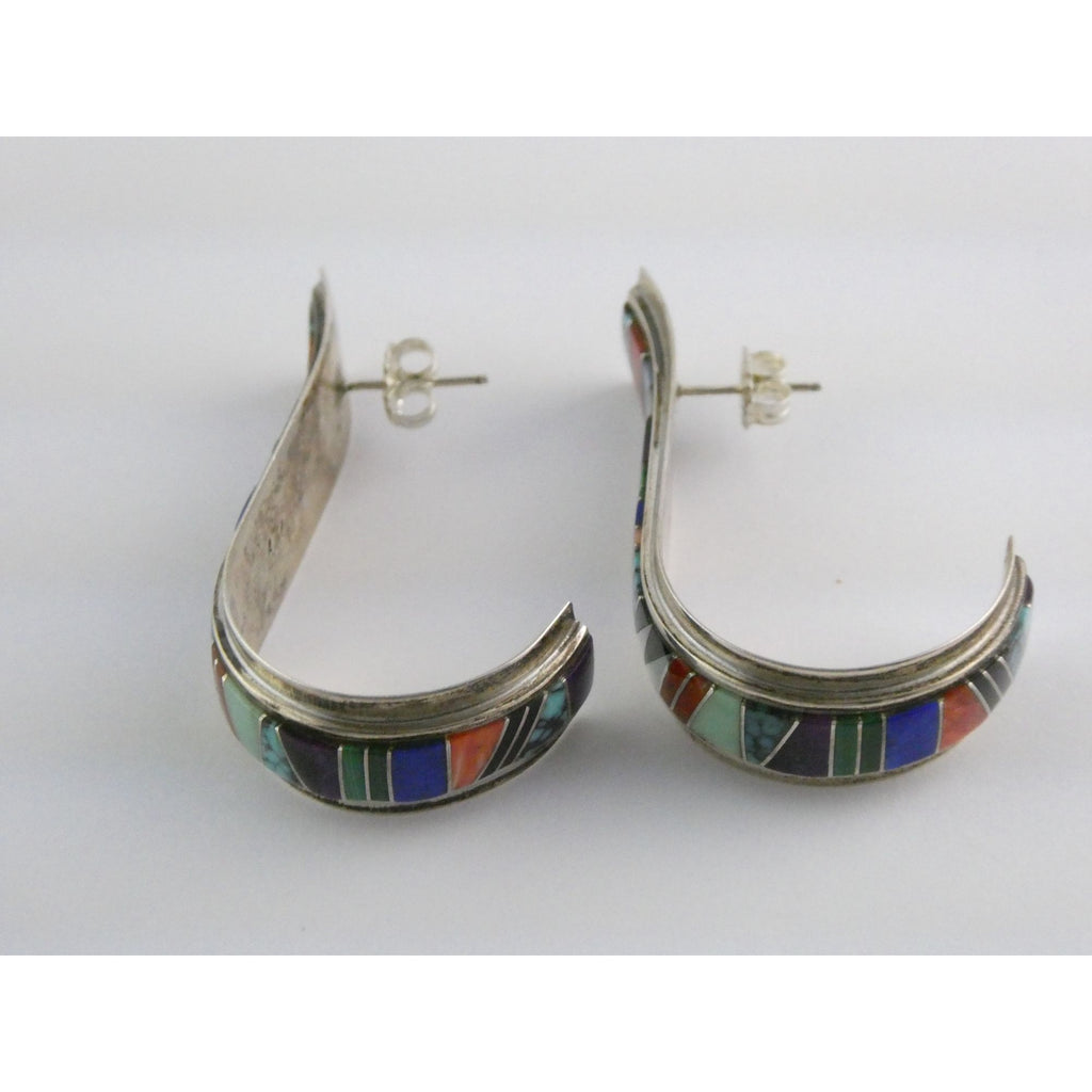 NA Randy Boyd Navajo Sterling Silver Multi Gem Inlay Stud Earrings Turquoise 21g