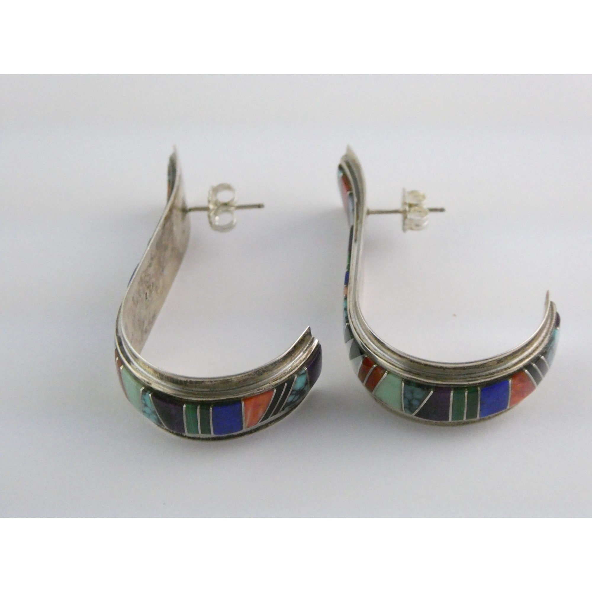 NA Randy Boyd Navajo Sterling Silver Multi Gem Inlay Stud Earrings Turquoise 21g