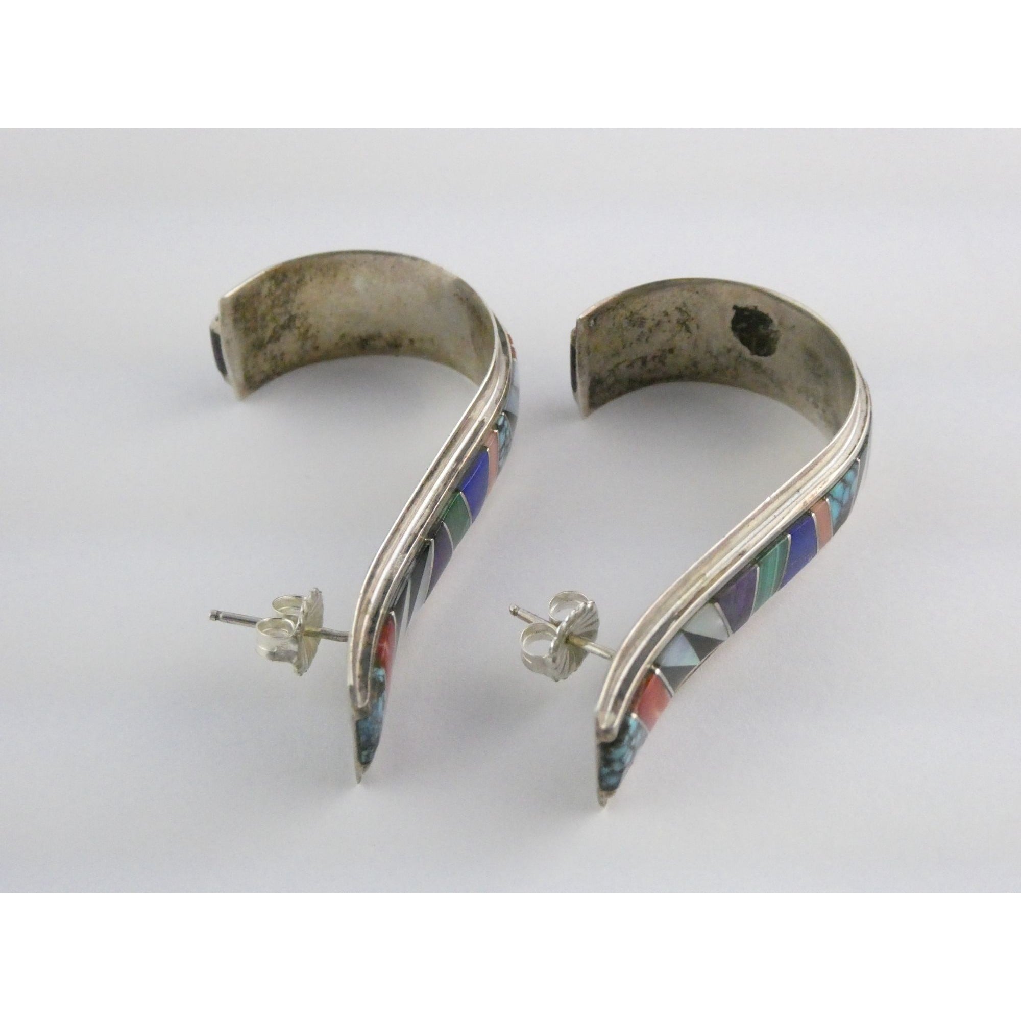NA Randy Boyd Navajo Sterling Silver Multi Gem Inlay Stud Earrings Turquoise 21g