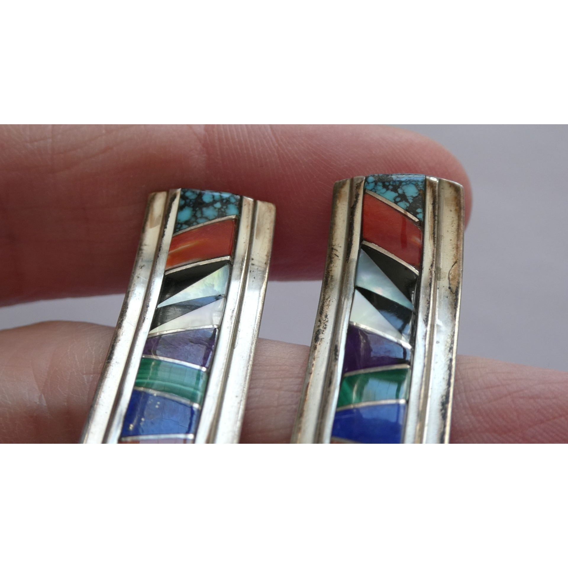 NA Randy Boyd Navajo Sterling Silver Multi Gem Inlay Stud Earrings Turquoise 21g