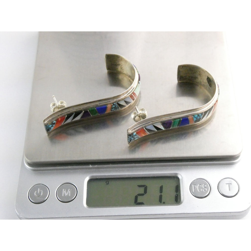 NA Randy Boyd Navajo Sterling Silver Multi Gem Inlay Stud Earrings Turquoise 21g