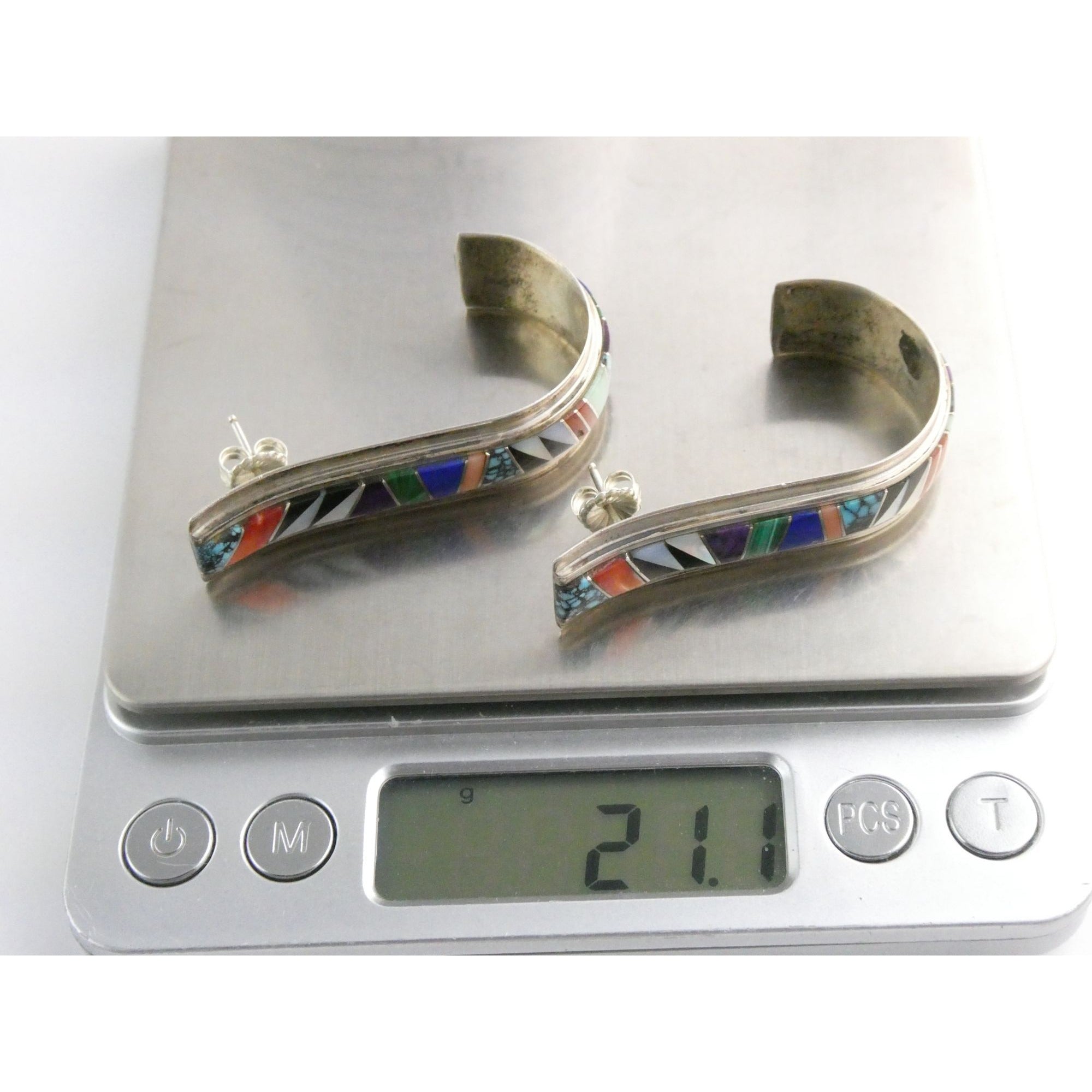 NA Randy Boyd Navajo Sterling Silver Multi Gem Inlay Stud Earrings Turquoise 21g