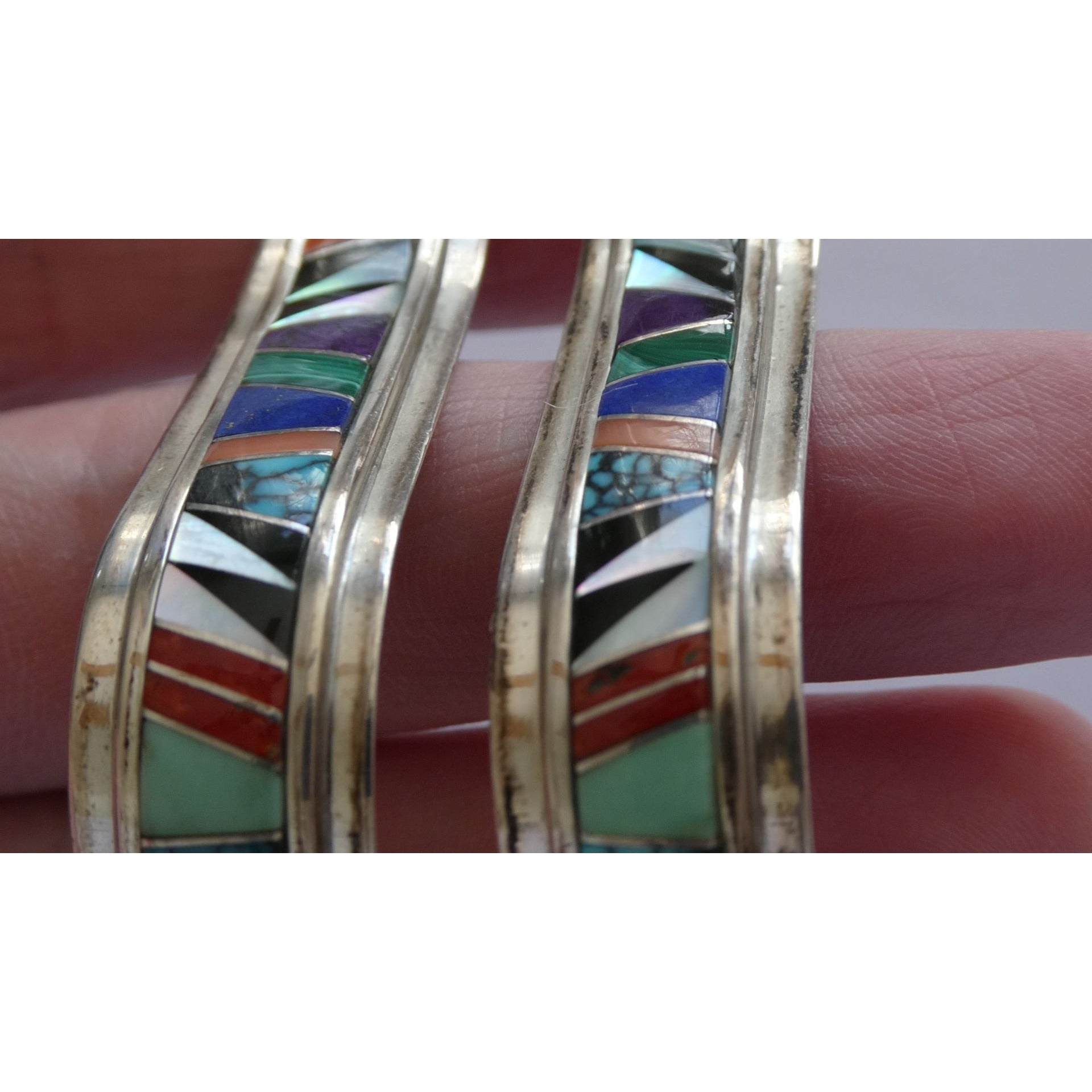 NA Randy Boyd Navajo Sterling Silver Multi Gem Inlay Stud Earrings Turquoise 21g