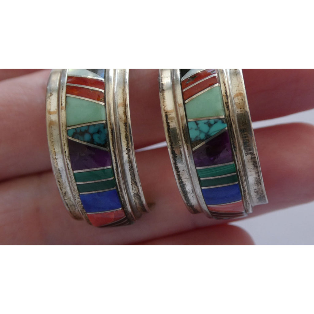 NA Randy Boyd Navajo Sterling Silver Multi Gem Inlay Stud Earrings Turquoise 21g