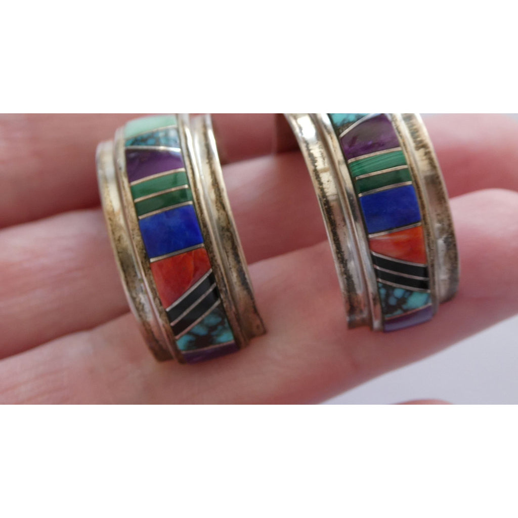 NA Randy Boyd Navajo Sterling Silver Multi Gem Inlay Stud Earrings Turquoise 21g