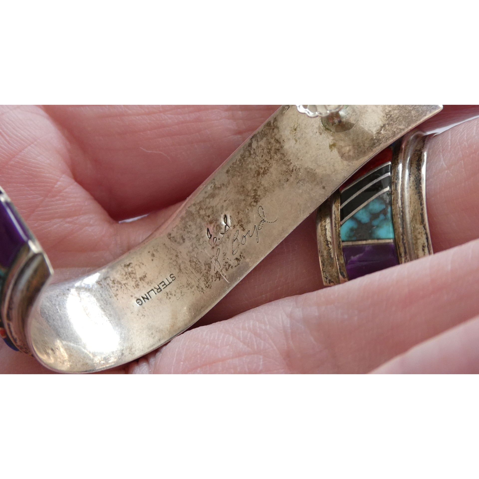 NA Randy Boyd Navajo Sterling Silver Multi Gem Inlay Stud Earrings Turquoise 21g