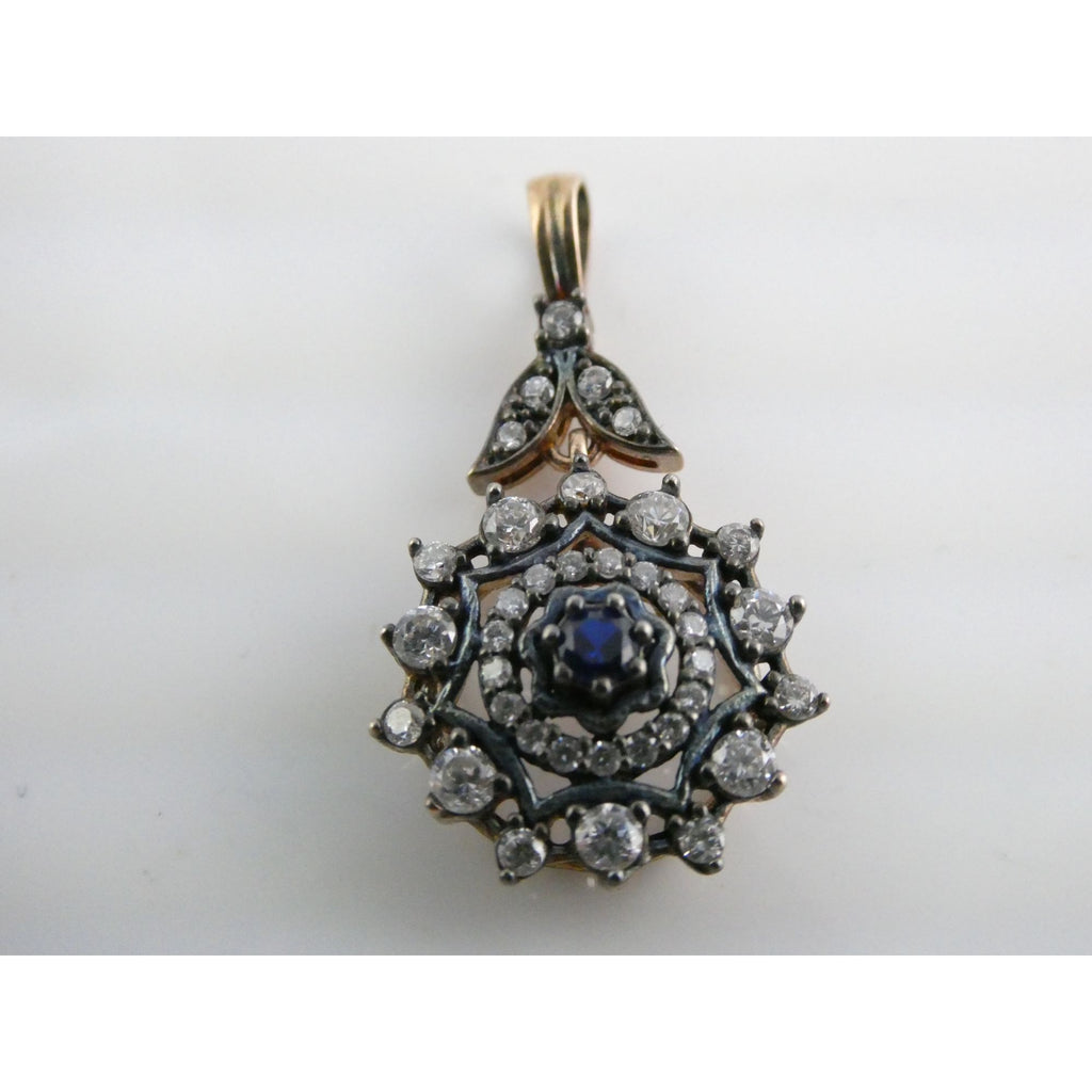 Gilt Sterling Silver Blue Spinel Center White CZ Accents Floral Pendant 3g 32mm